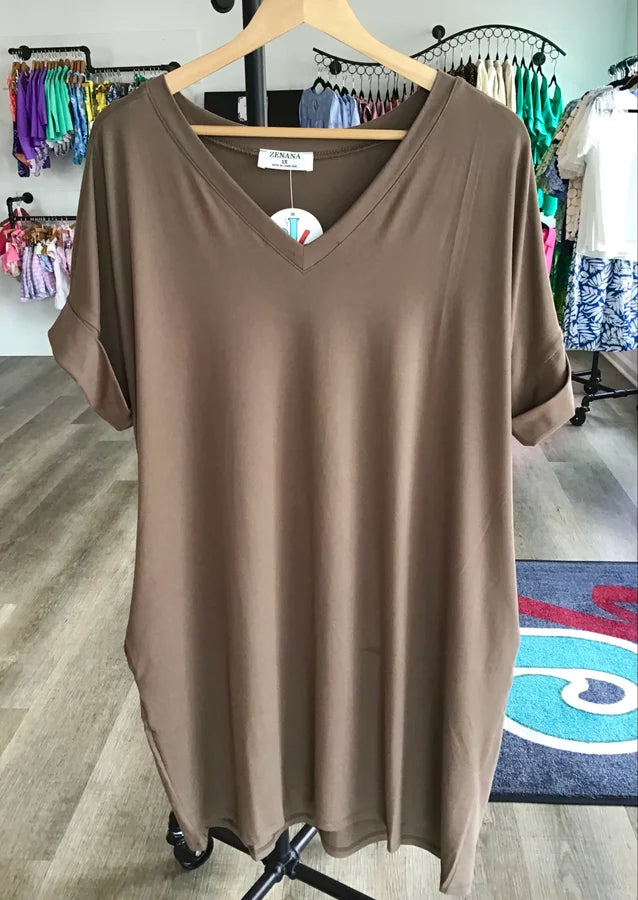 Brushed Rolled sleeve V Neck Dress Mocha