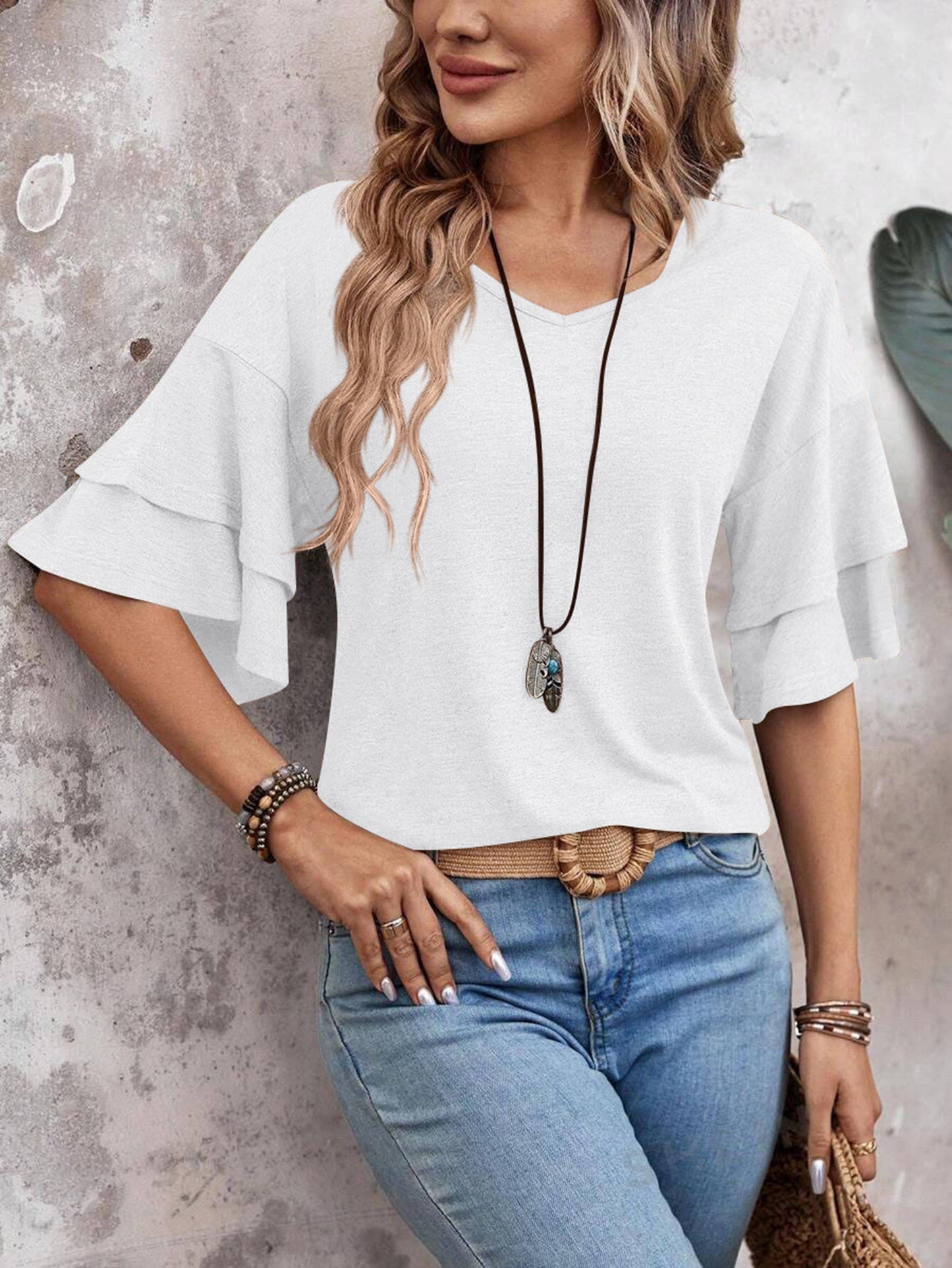 Solid Color V-neck Double-layer Sleeve Short Sleeved Top