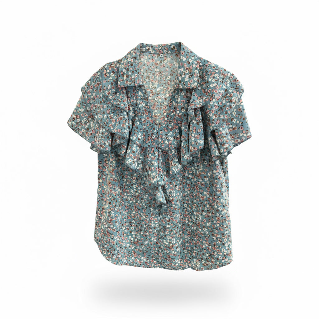 Ruffle Collar print Light Blue