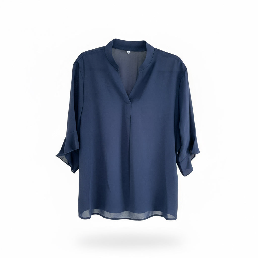 V-neck ruffle sleeve blouse navy