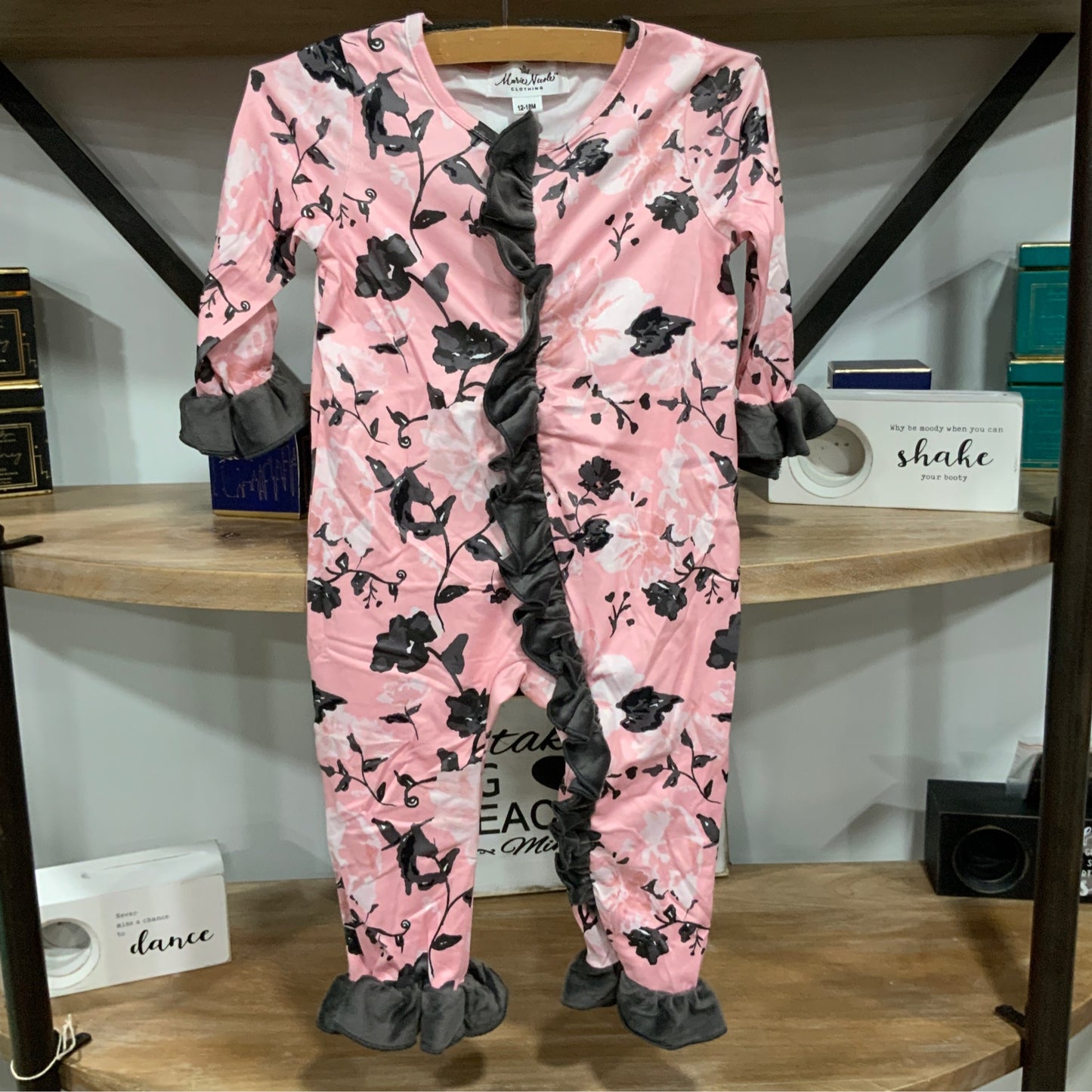 Pink & Gray Floral Velvet Romper