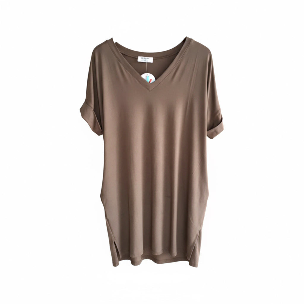 Brushed Rolled sleeve V Neck Dress Mocha