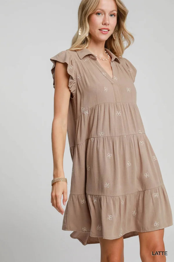 Linen Flutter Embroidered Mini Dress Latte