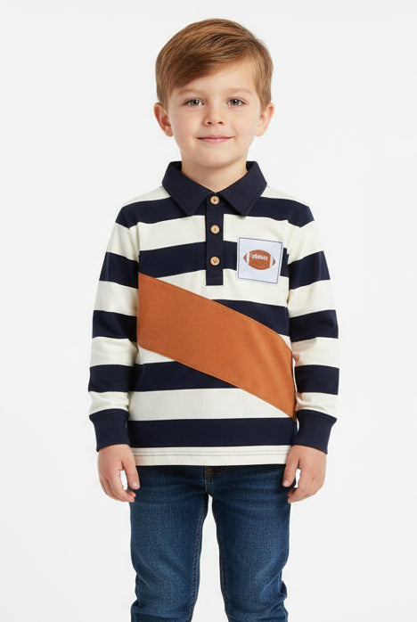 Child wearing a striped polo shirt with a brown diagonal panel on a white background
