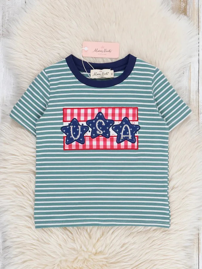 USA Shirt Green Striped Embroidered