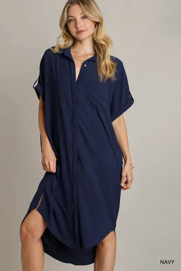 Solid High Low Hem Dress with Hidden Placket and Pockets Navy
