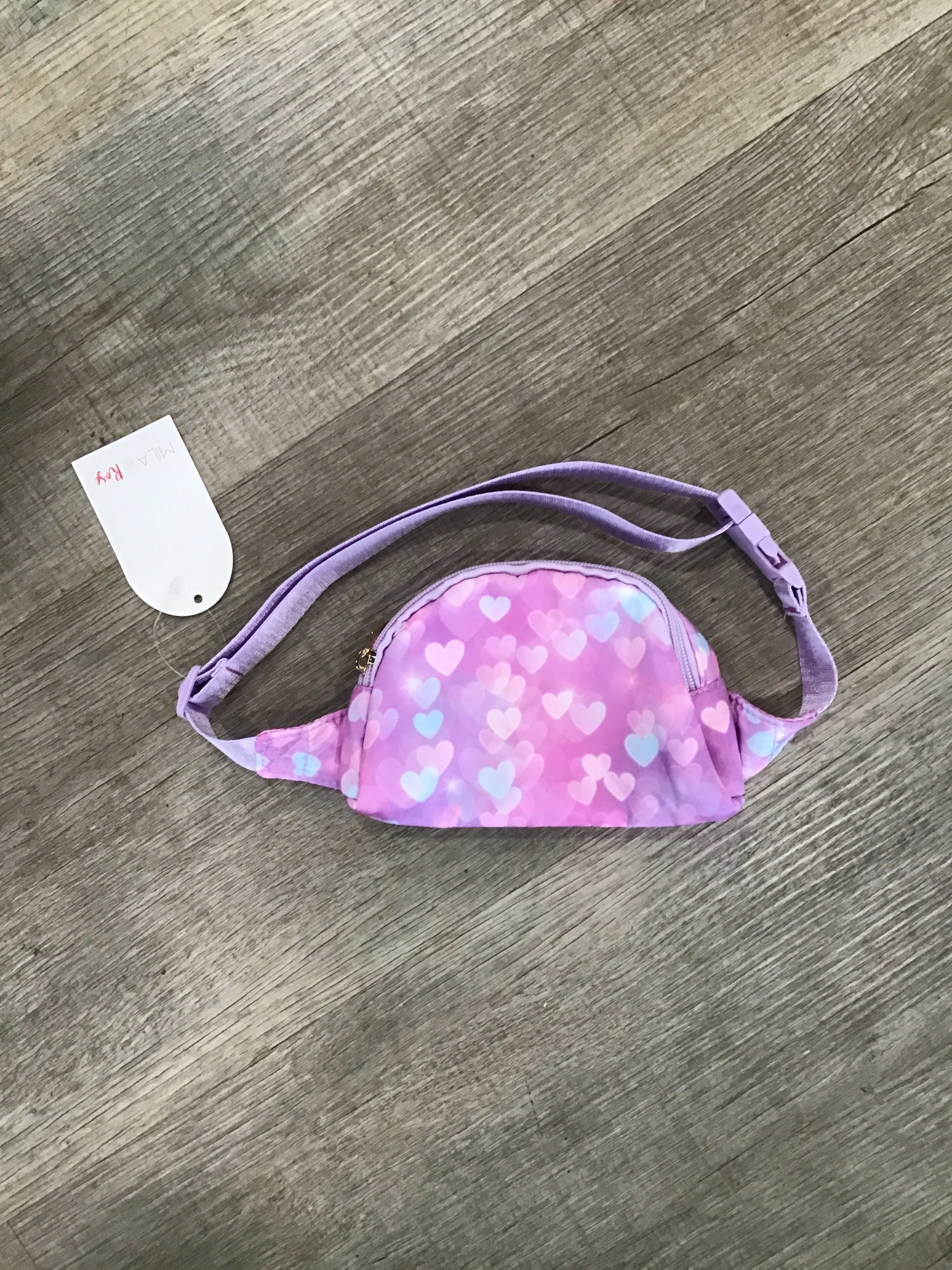 Girls’ Pastel Heart Print Fanny Pack – Adjustable Kids Belt Bag with Zipper Closure & Lavender Strap