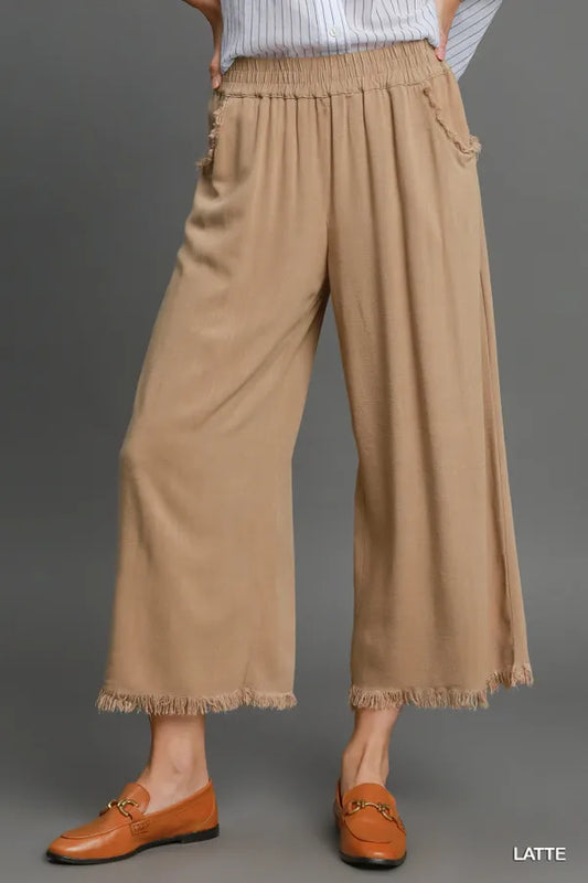 Integrated with Square Frayed Hem Wide-Leg Pants Latte