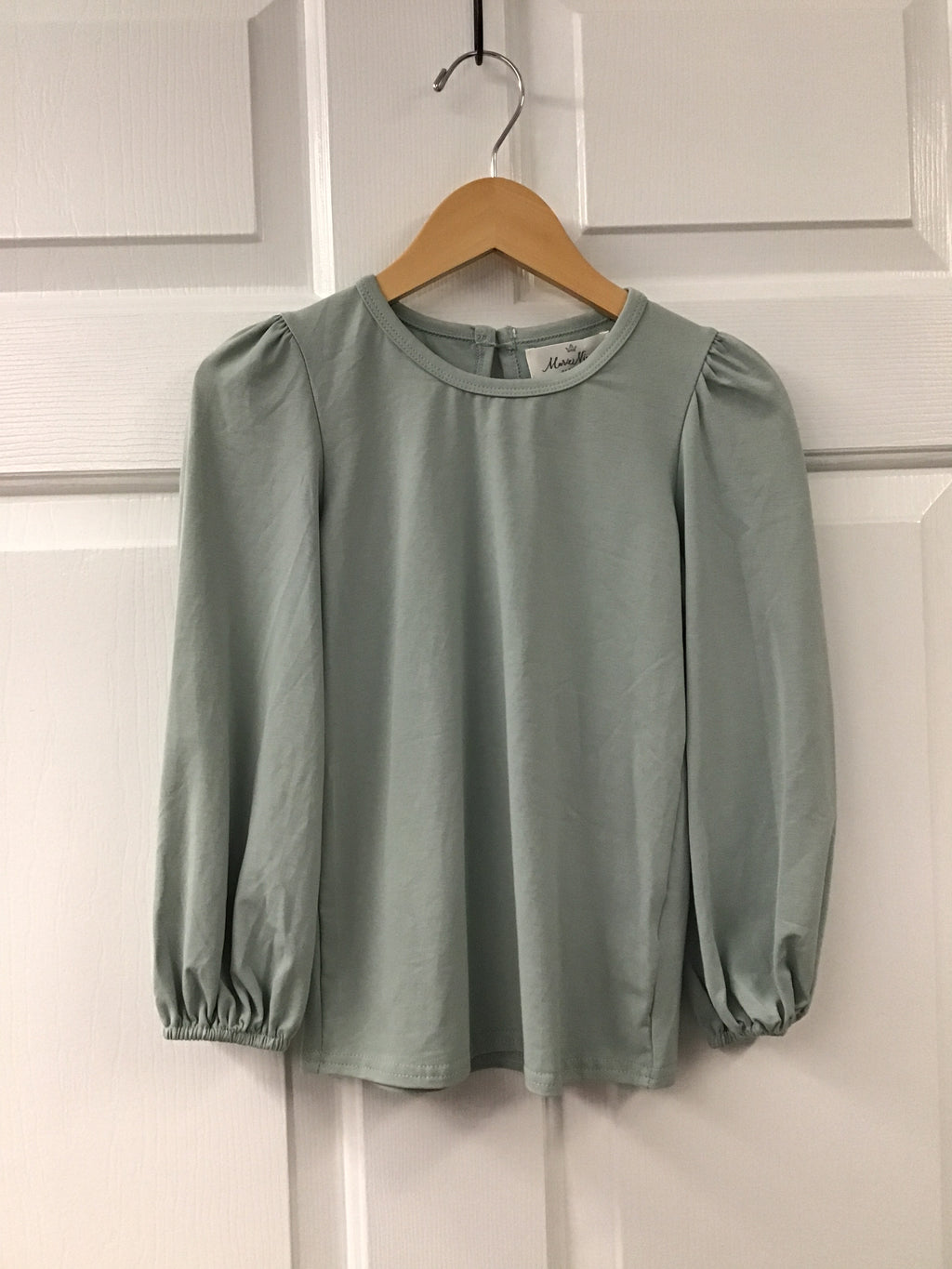 Mint Puff Sleeve Blouse – Satin Long Sleeve Top with Gathered Cuffs for Boutique Layering