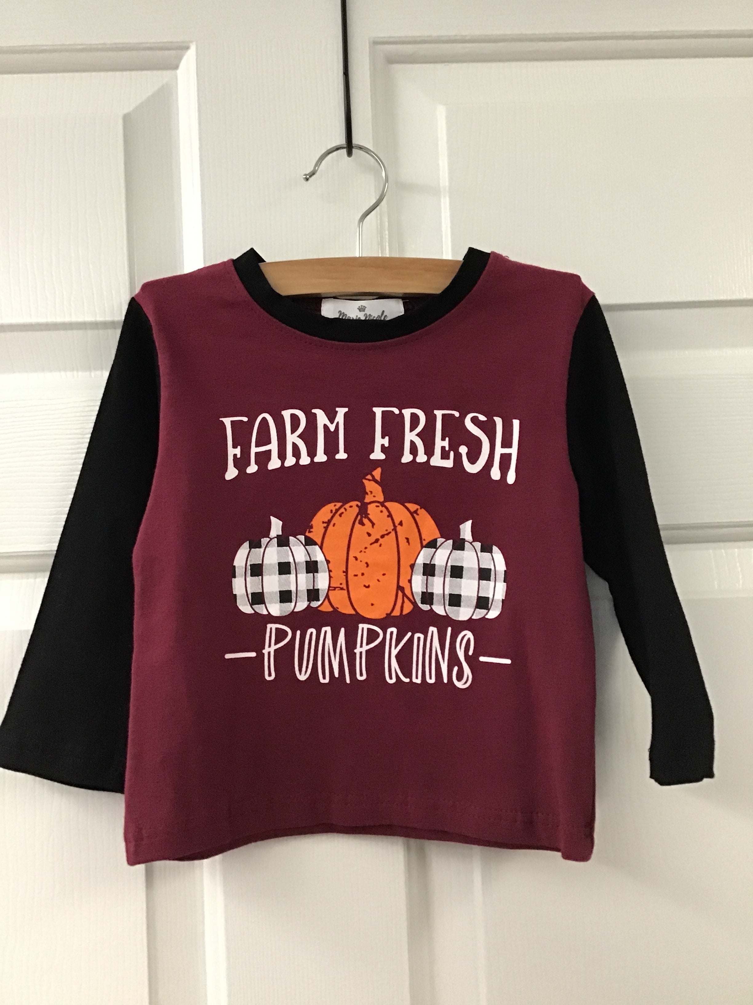 Kids’ “Farm Fresh Pumpkins” Fall Shirt – Maroon & Black Long Sleeve Tee with Rustic Pumpkin Graphic