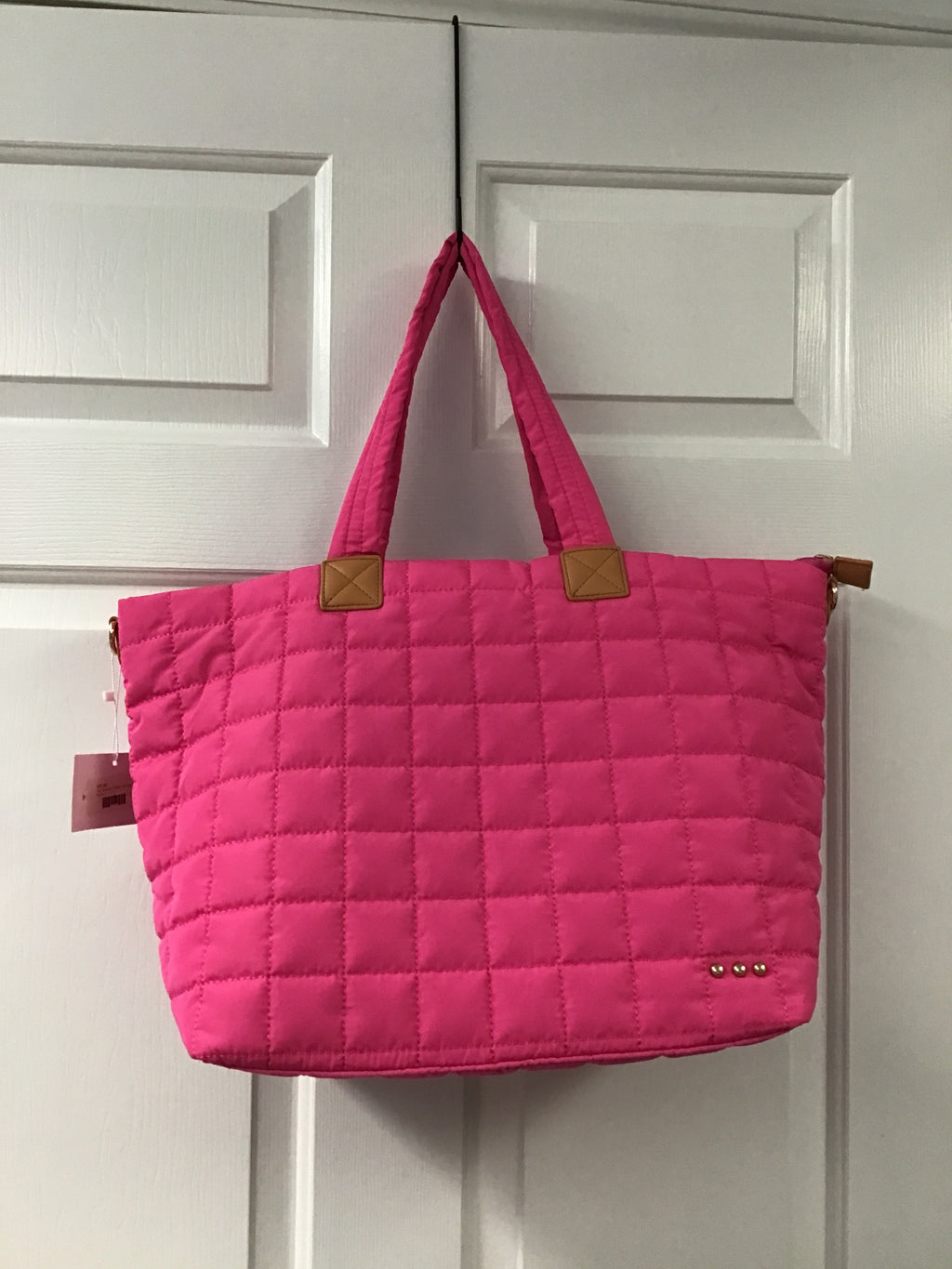 Day Dreamer Quilted Tote Bag – Bright Pink Grid-Stitch Shoulder Bag with Soft Structure & Chic Stud Detail
