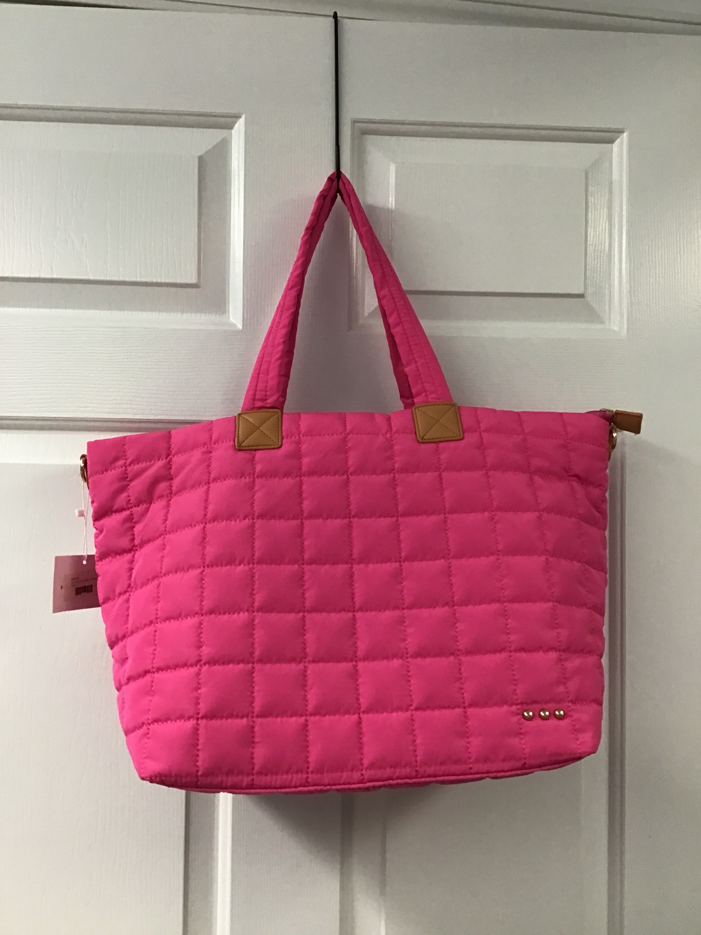 Day Dreamer Quilted Tote Bag – Bright Pink Grid-Stitch Shoulder Bag with Soft Structure & Chic Stud Detail