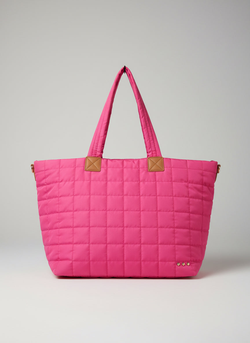 Day Dreamer Quilted Tote Bag – Bright Pink Grid-Stitch Shoulder Bag with Soft Structure & Chic Stud Detail
