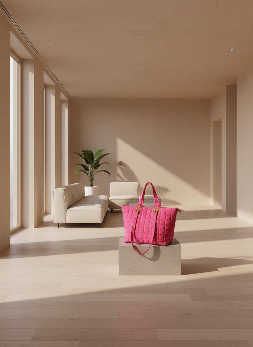 Day Dreamer Quilted Tote Bag – Bright Pink Grid-Stitch Shoulder Bag with Soft Structure & Chic Stud Detail