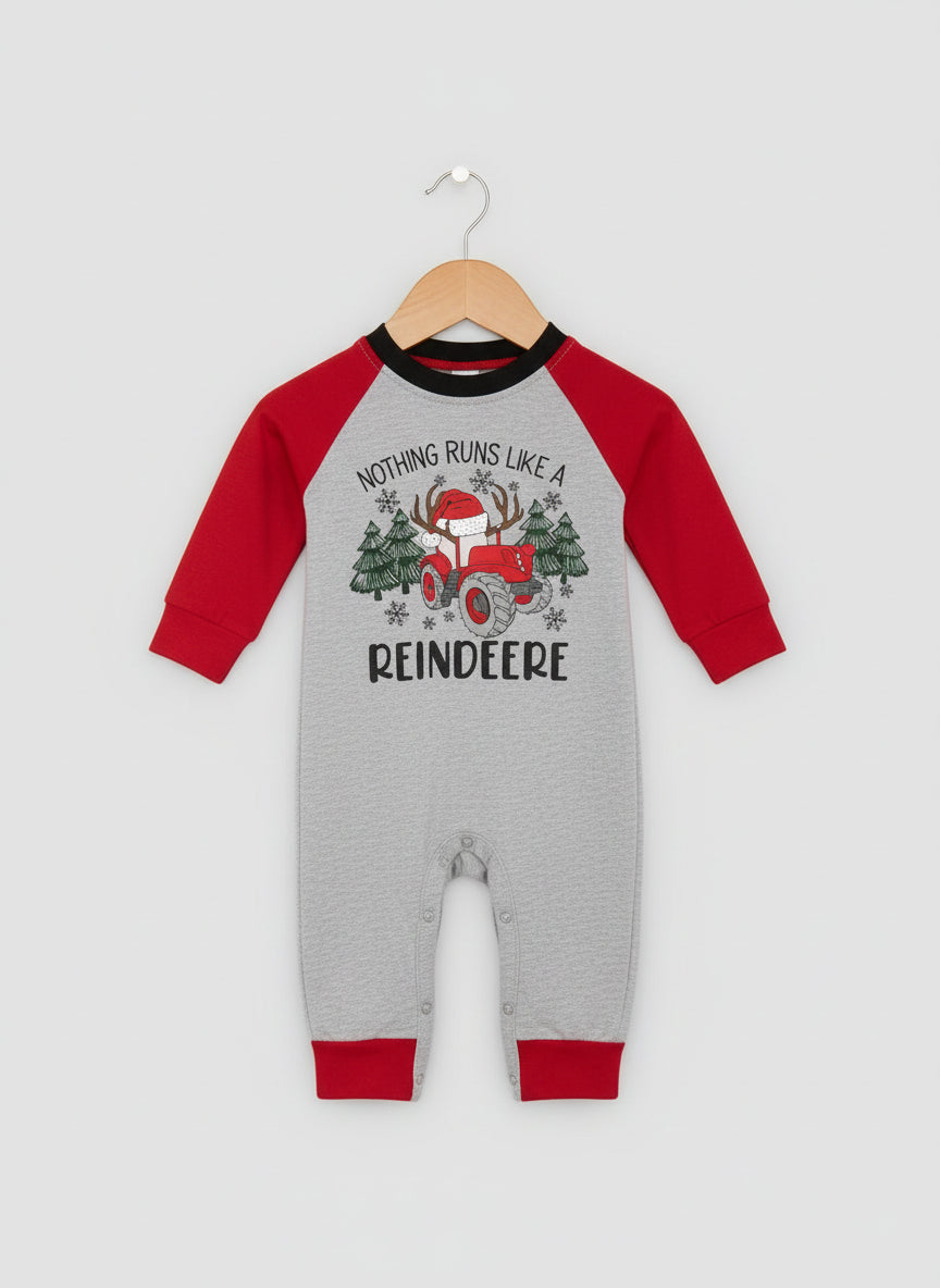 Baby “Nothing Runs Like A Reindeere” Holiday Onesie – Gray & Red Tractor Bodysuit with Antlers and Santa Hat