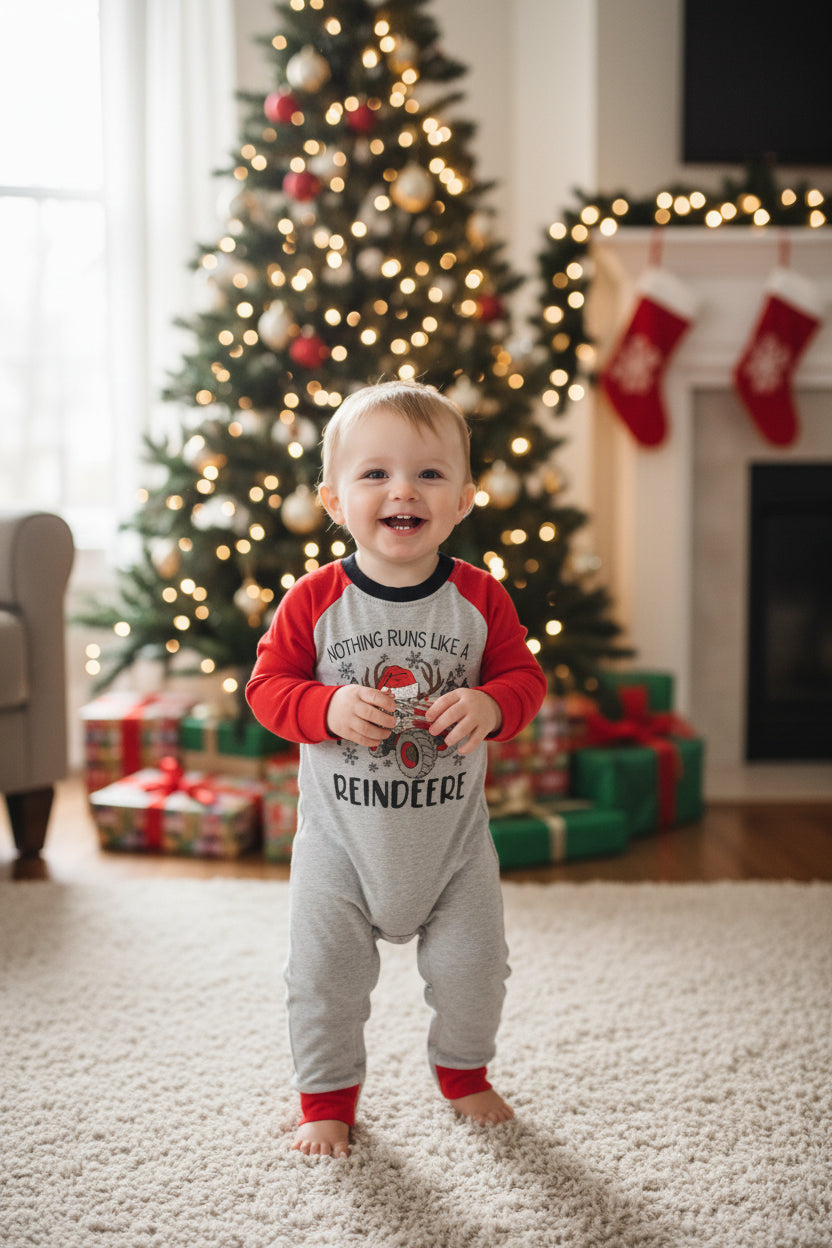 Baby “Nothing Runs Like A Reindeere” Holiday Onesie – Gray & Red Tractor Bodysuit with Antlers and Santa Hat