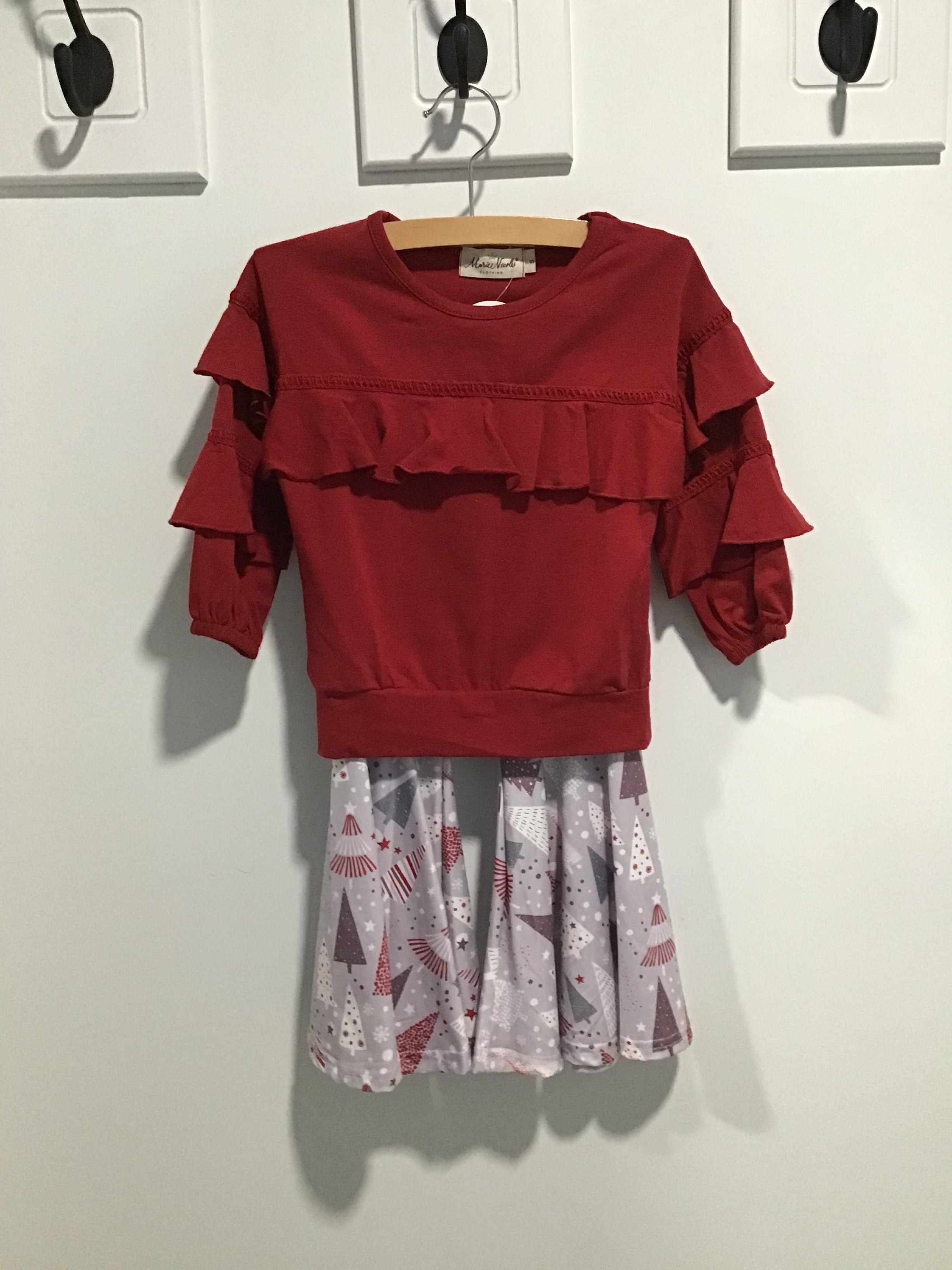 Girls’ “Wonderful Christmas Time” Ruffle Top & Bell Bottom Set – Red Holiday Outfit with Tree Print Pants