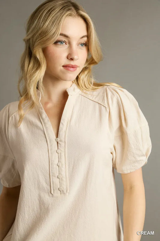 Button Down High Yoke Neck Boxy Cut Top with Short Balloon Sleeve