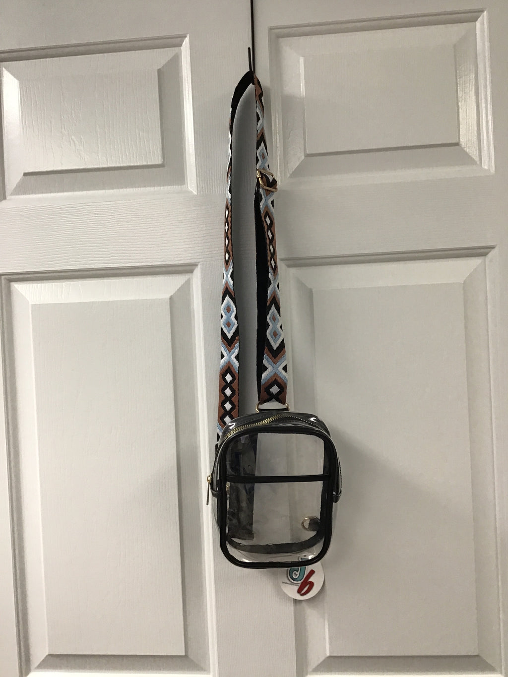 Clear Sling Crossbody Bag – Transparent Everyday Purse with Patterned Guitar Strap & Gold Hardware