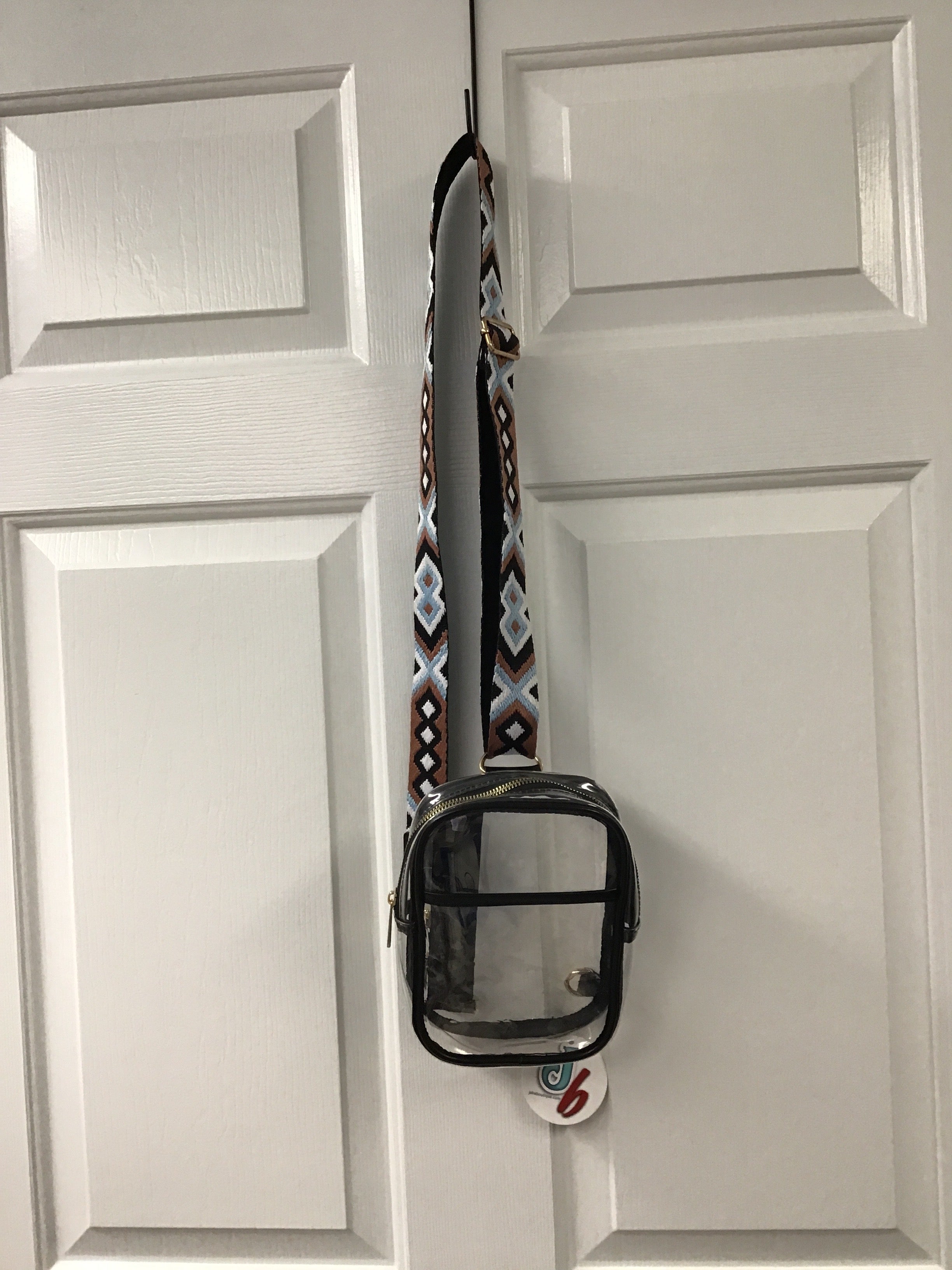 Clear Sling Crossbody Bag – Transparent Everyday Purse with Patterned Guitar Strap & Gold Hardware