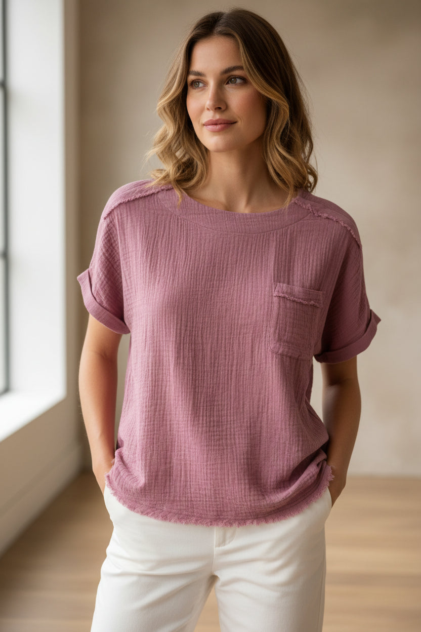 Women’s Mauve Cotton Gauze Boxy Top – Frayed Hem Short Sleeve Blouse with Pocket & Washed Texture