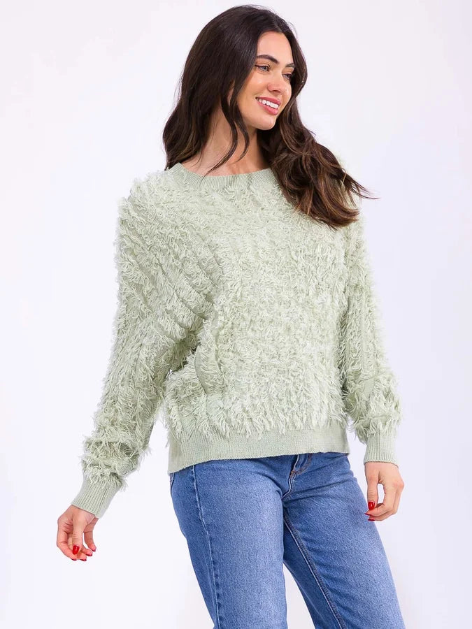 Fuzzy Detailed Pullover Sweater Sage