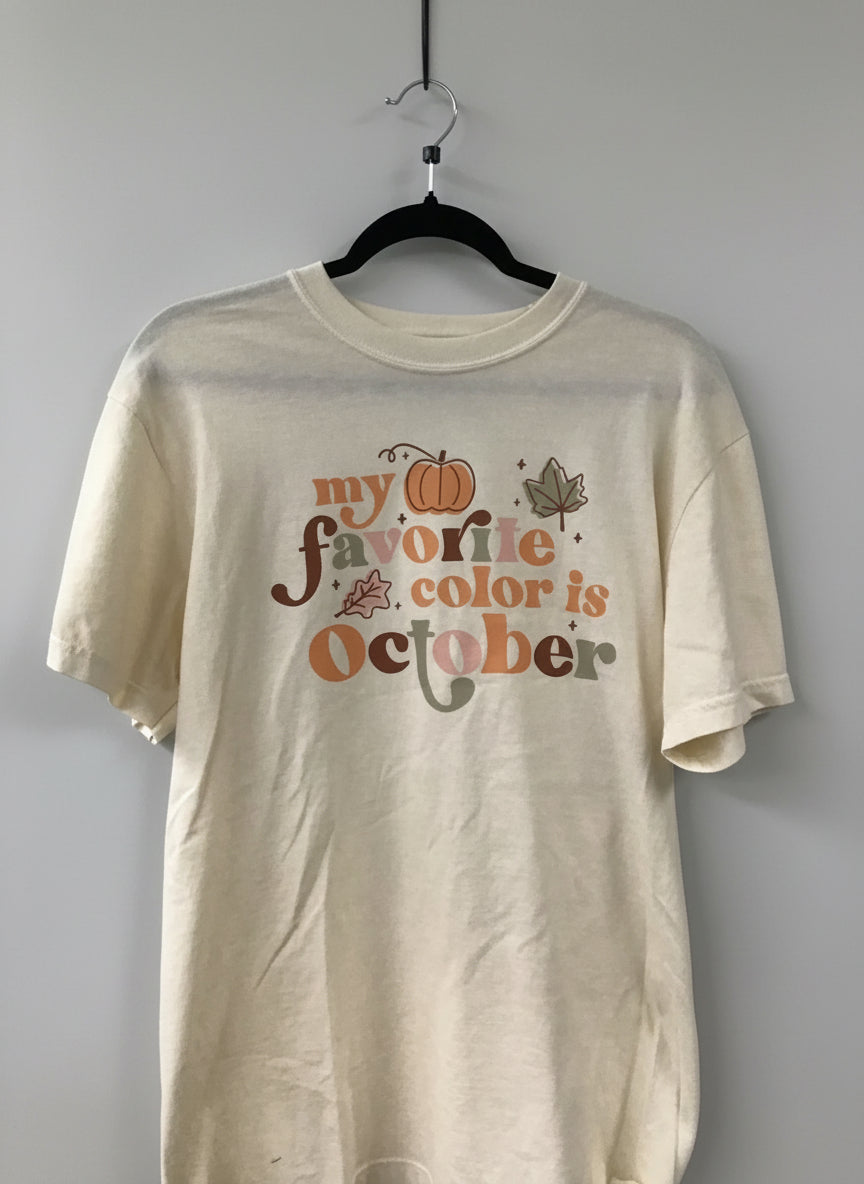 Women’s “My Favorite Color Is October” Fall Graphic Tee – Pumpkin & Leaf Print Shirt in Soft Neutral