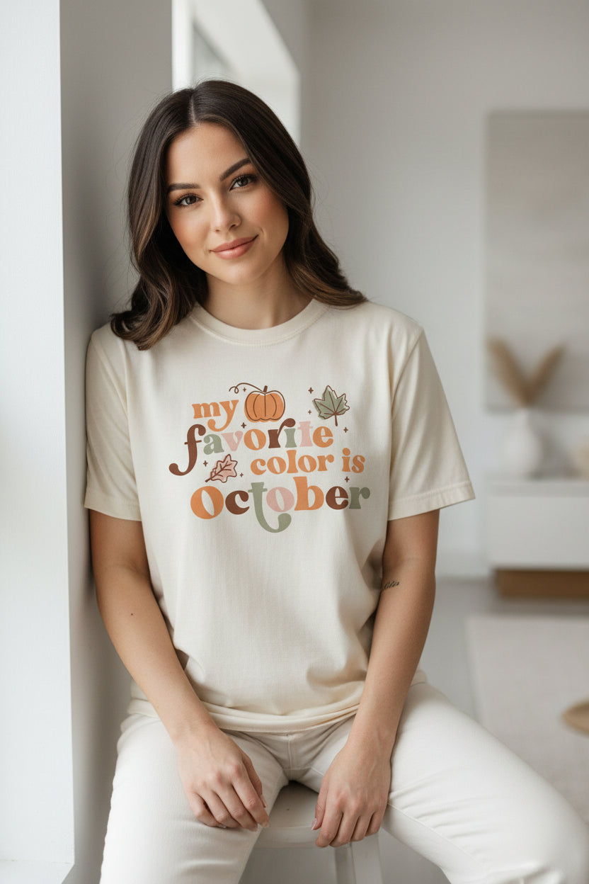Women’s “My Favorite Color Is October” Fall Graphic Tee – Pumpkin & Leaf Print Shirt in Soft Neutral