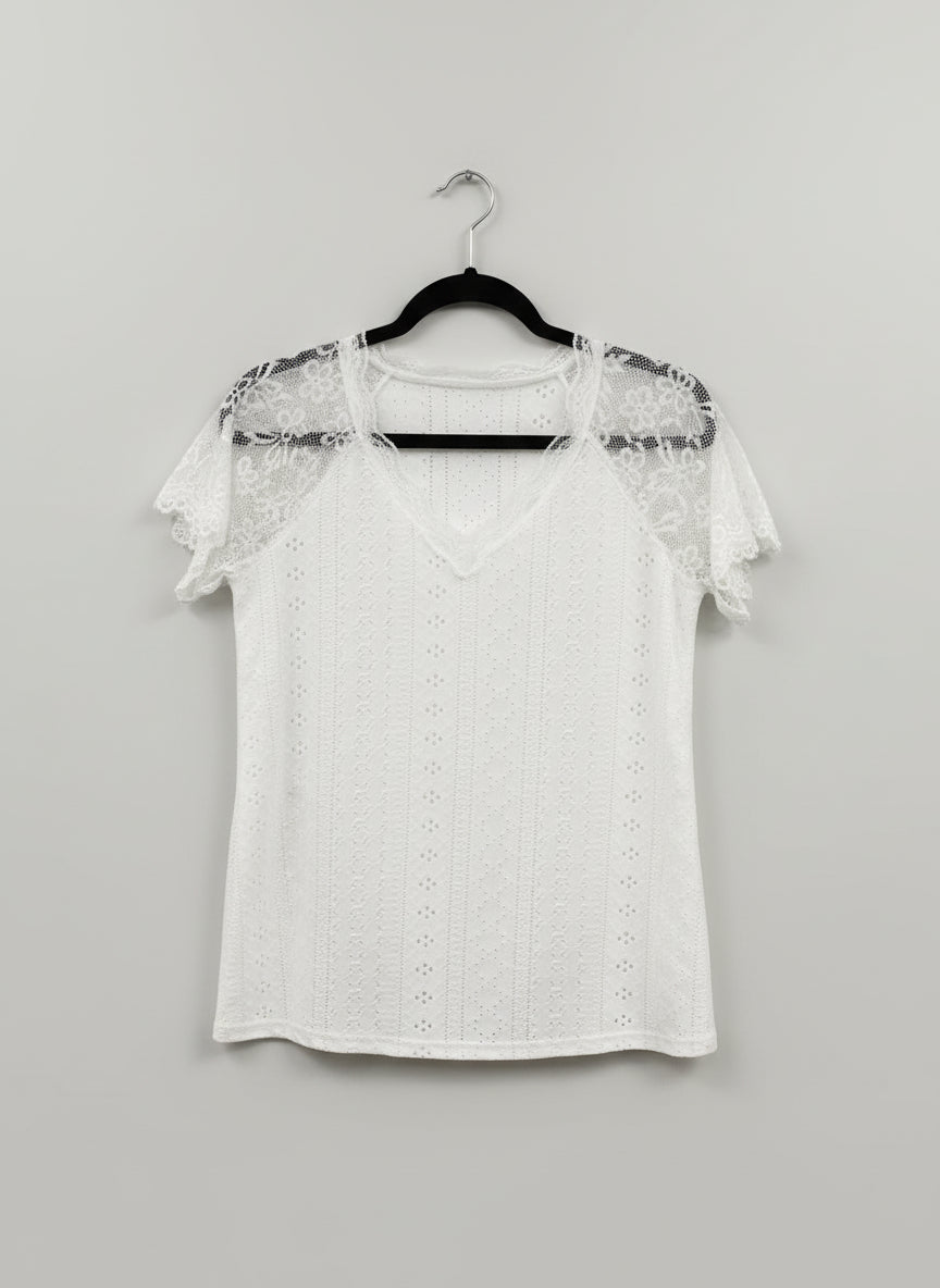 Women’s White Lace V-Neck Blouse – Short Sleeve Textured Top with Floral Crochet Detail