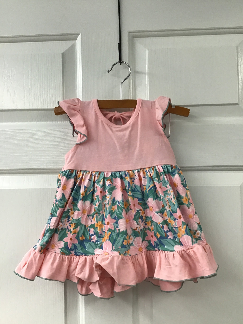 Girls’ “Pretty Petals” Tiered Ruffle Dress – Pink Bodice & Floral Skirt with Teal Bloom Print