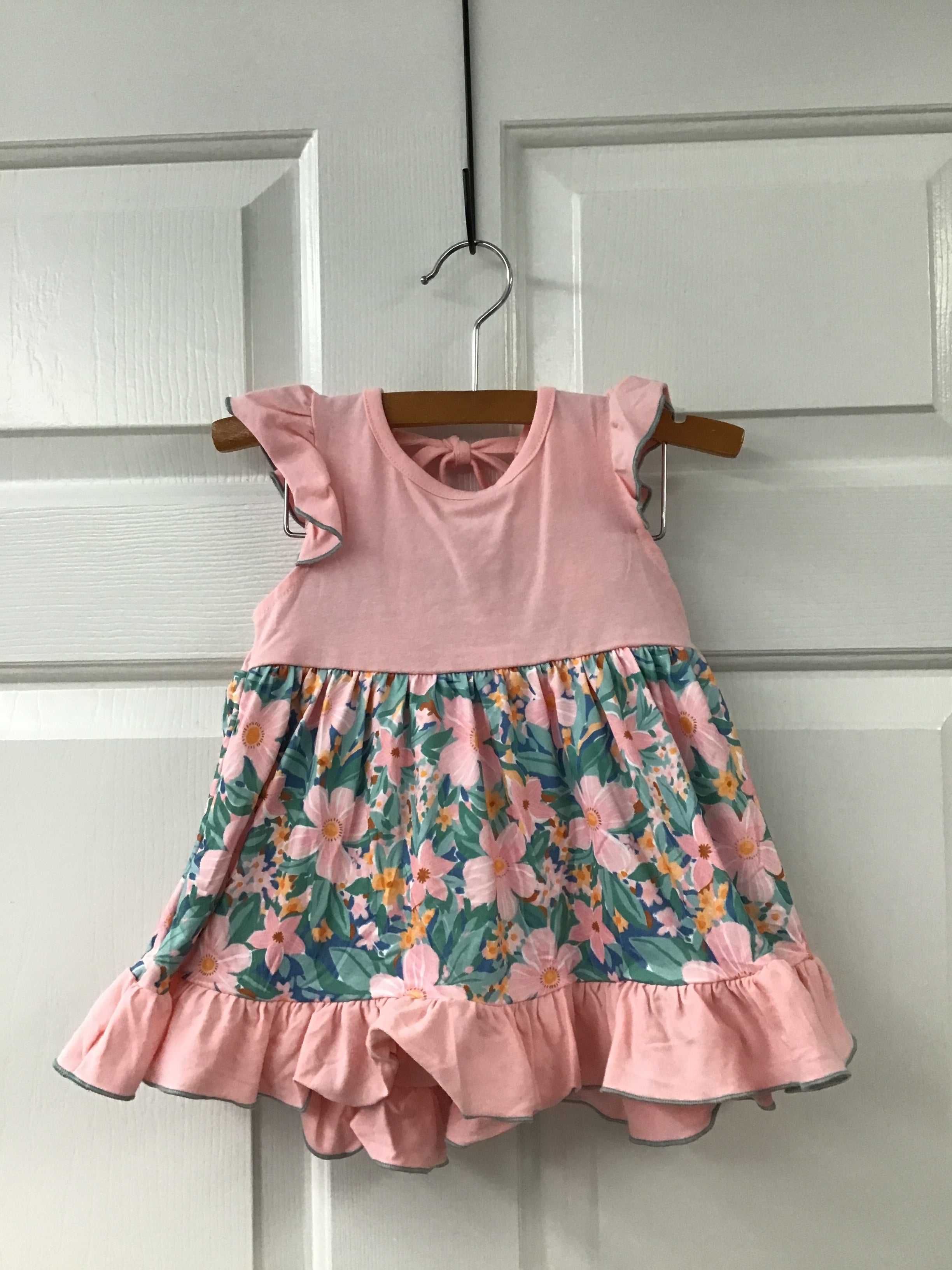 Girls’ “Pretty Petals” Tiered Ruffle Dress – Pink Bodice & Floral Skirt with Teal Bloom Print