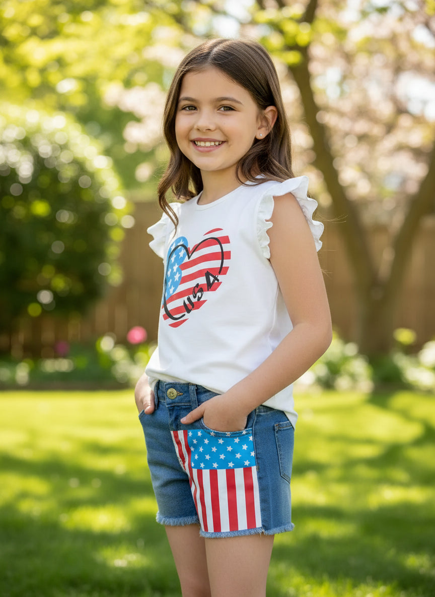 Girls Patriotic Outfit – American Love Heart Tee & Flag Denim Shorts Set