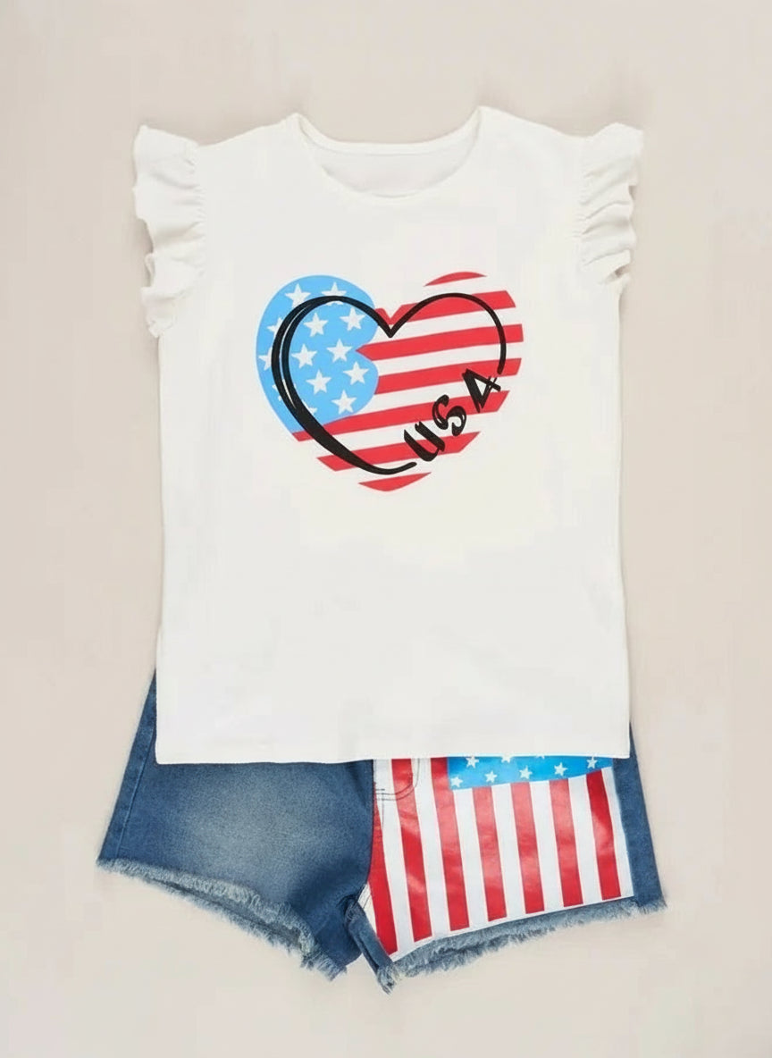 White t-shirt with heart design and American flag shorts on a beige background