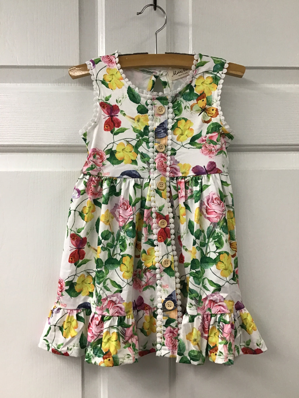 Girls’ Butterfly Print Pom Pom Dress – Sleeveless Button-Front Summer Outfit with Floral Pattern