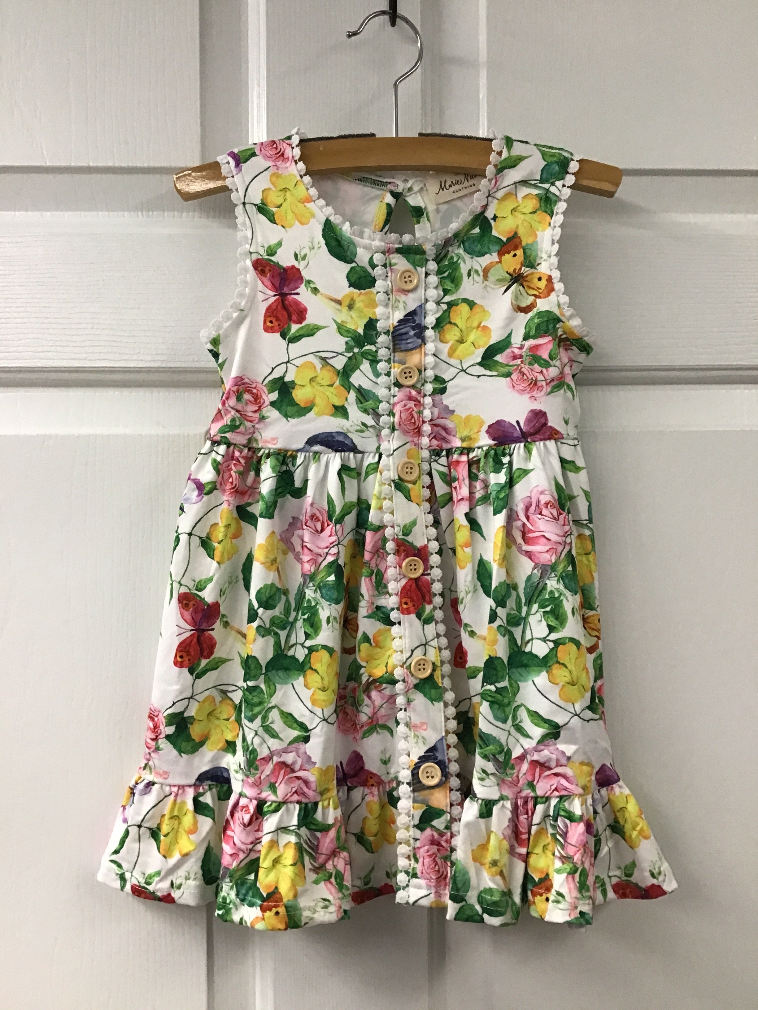 Girls’ Butterfly Print Pom Pom Dress – Sleeveless Button-Front Summer Outfit with Floral Pattern