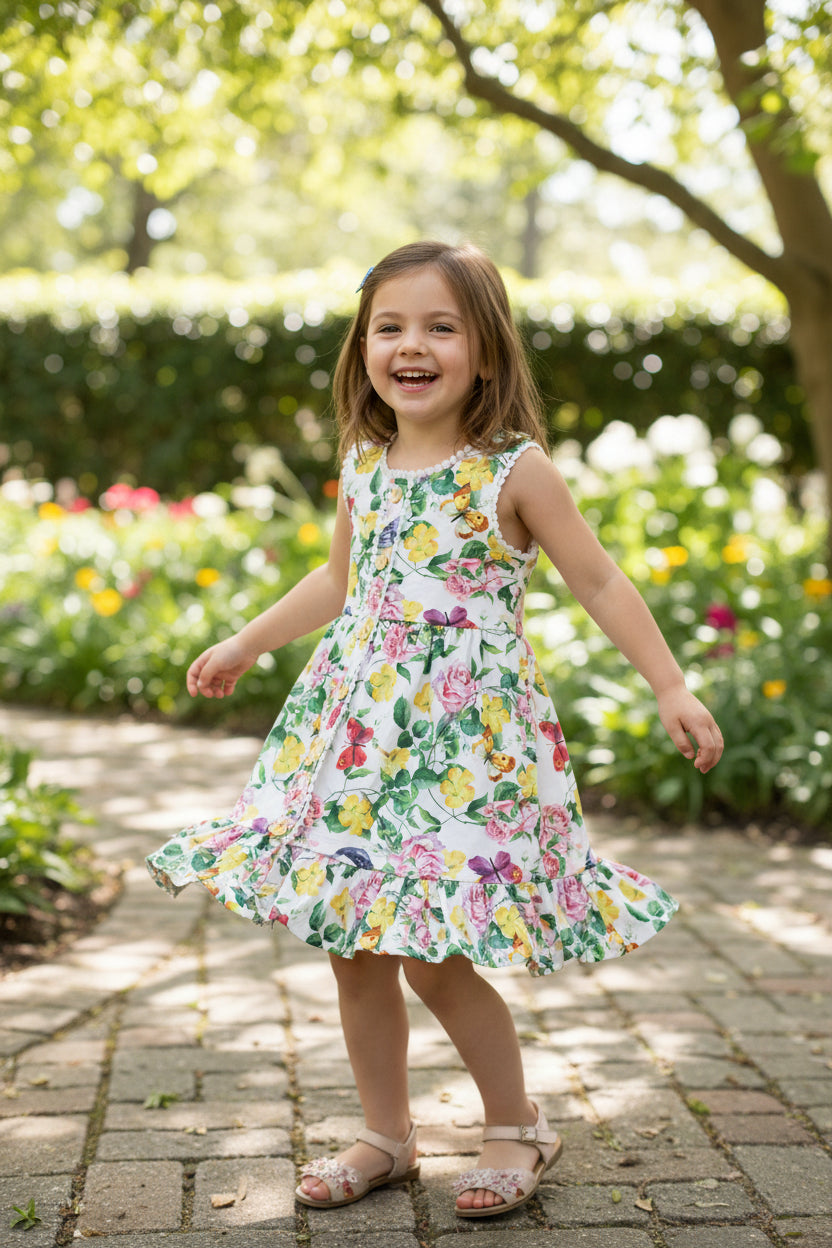 Girls’ Butterfly Print Pom Pom Dress – Sleeveless Button-Front Summer Outfit with Floral Pattern
