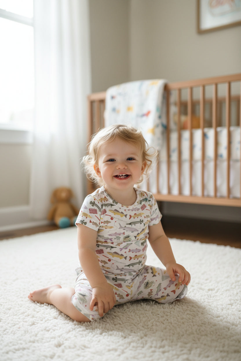 Kids’ “Reel Good Time” Fishing Print Pajama Set – Short Sleeve Snug-Fit Sleepwear with Tackle & Fish Design