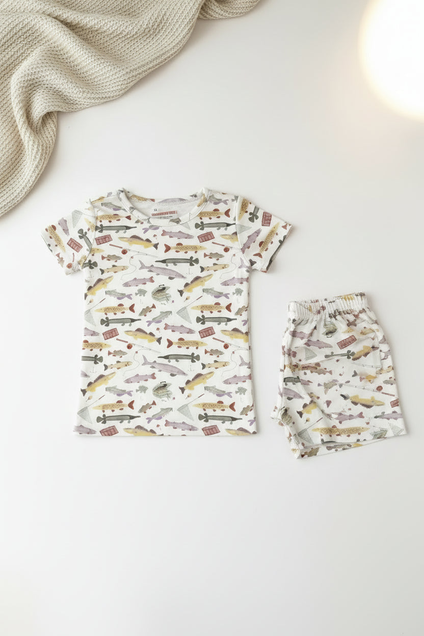 Kids’ “Reel Good Time” Fishing Print Pajama Set – Short Sleeve Snug-Fit Sleepwear with Tackle & Fish Design