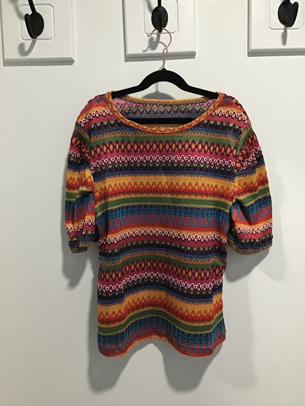 Women’s Jacquard Puff Sleeve Top – Multicolor Geometric Print Statement Blouse with Boho Festival Vibes