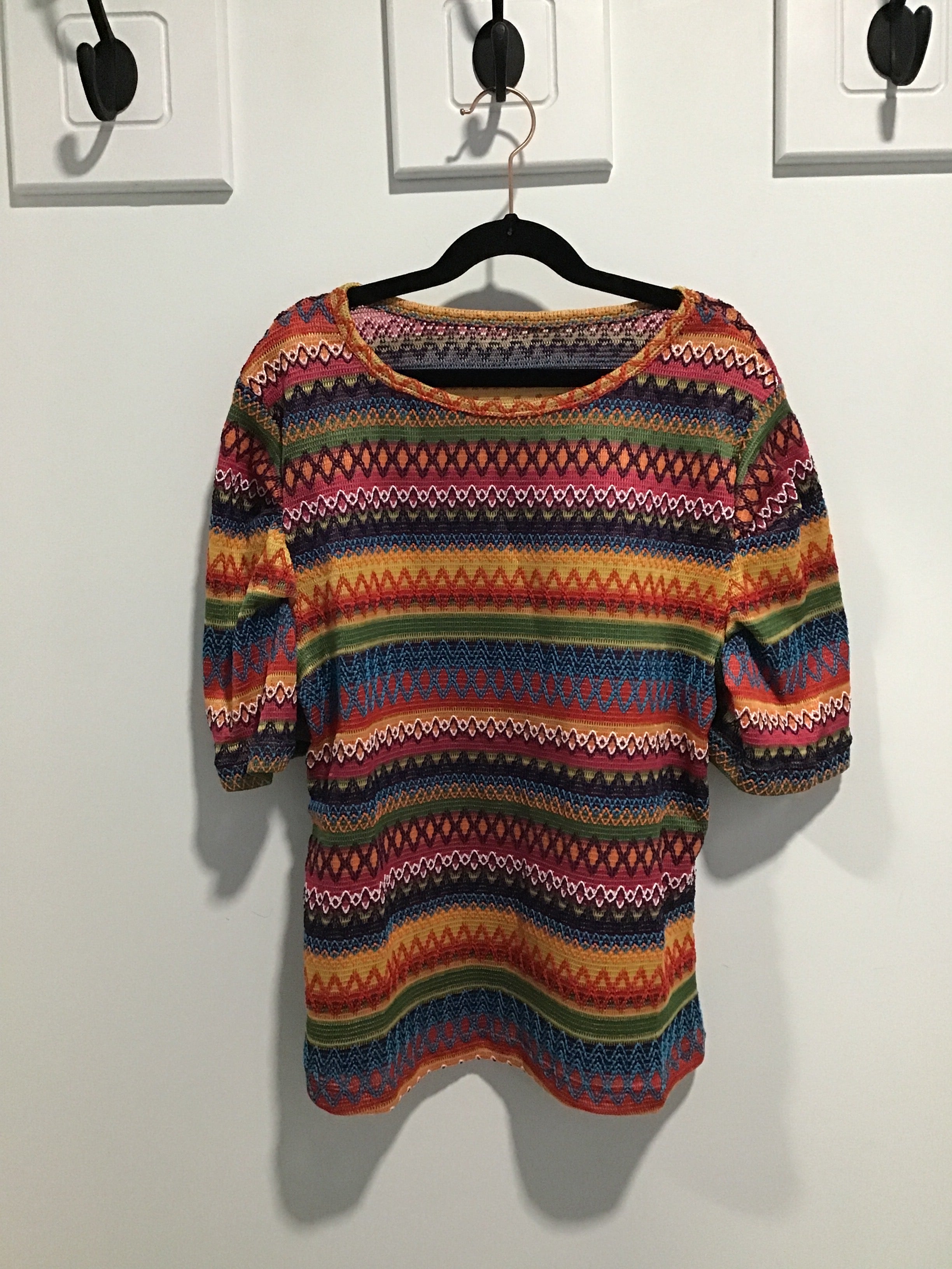 Women’s Jacquard Puff Sleeve Top – Multicolor Geometric Print Statement Blouse with Boho Festival Vibes