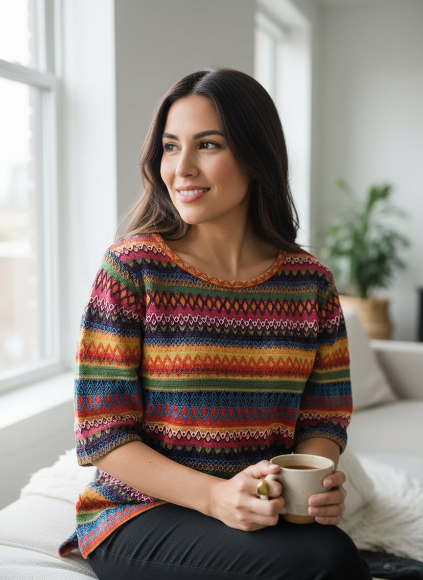 Women’s Jacquard Puff Sleeve Top – Multicolor Geometric Print Statement Blouse with Boho Festival Vibes