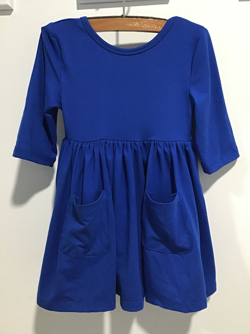 Girls’ Royal Blue Pocket Dress – 3/4 Sleeve Cotton Twirl Dress with Front Pockets & Flared Skirt