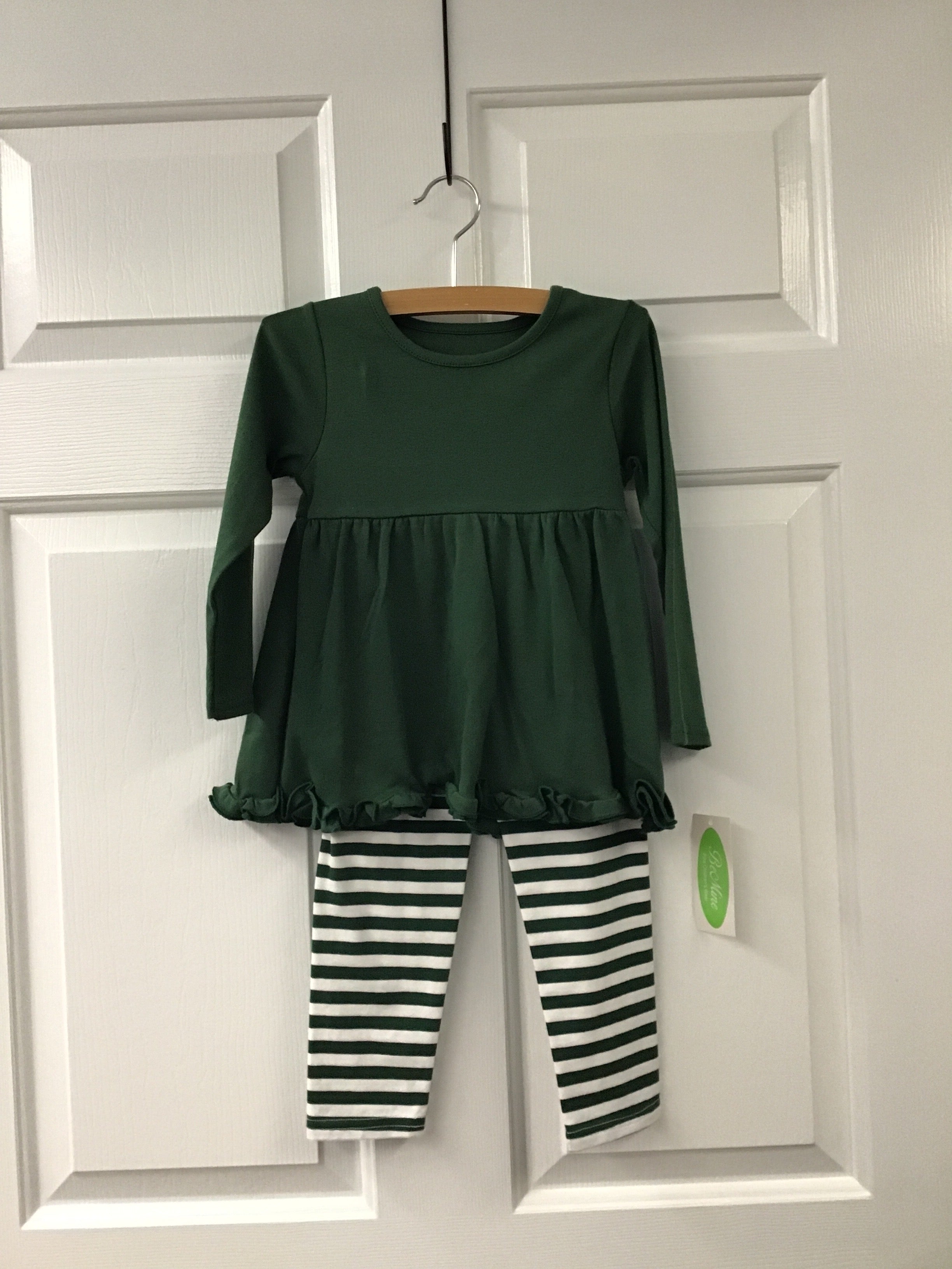 Girls’ Green Peplum Top & Stripe Leggings Set – Long Sleeve Boutique Outfit for Toddlers & Kids