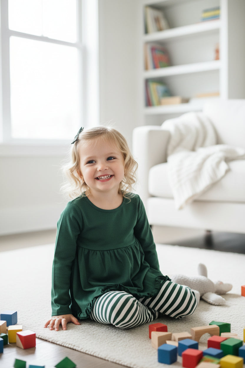 Girls’ Green Peplum Top & Stripe Leggings Set – Long Sleeve Boutique Outfit for Toddlers & Kids