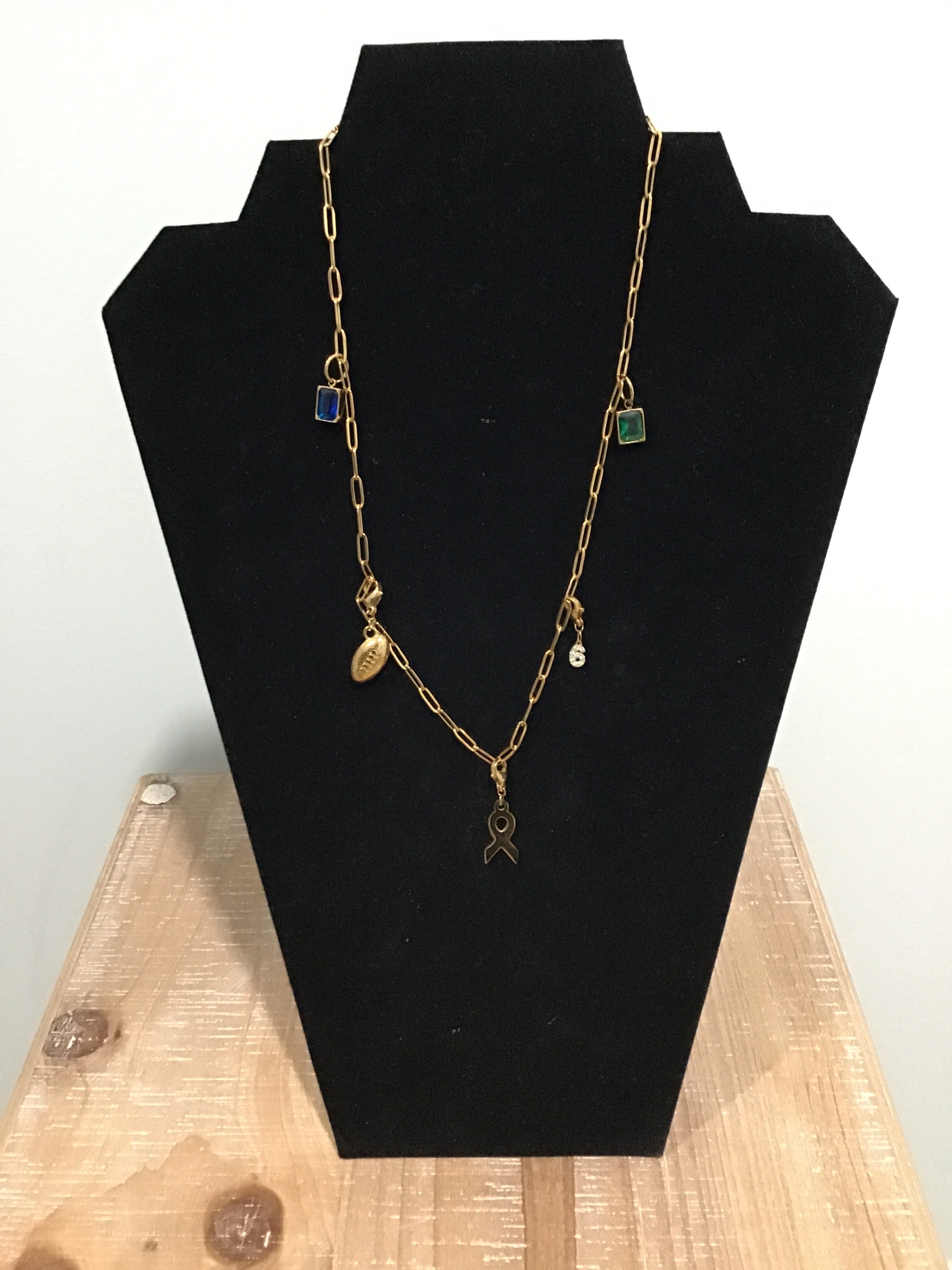 “Chanelle” Charm Bar Necklace – Gold Chain with Heart & Gemstone Pendants for Boutique Layering