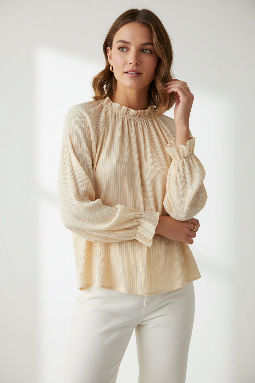 Women’s Crinkle Texture Long Sleeve Blouse – Cream Peasant Top with Elastic Neckline & Puff Sleeves