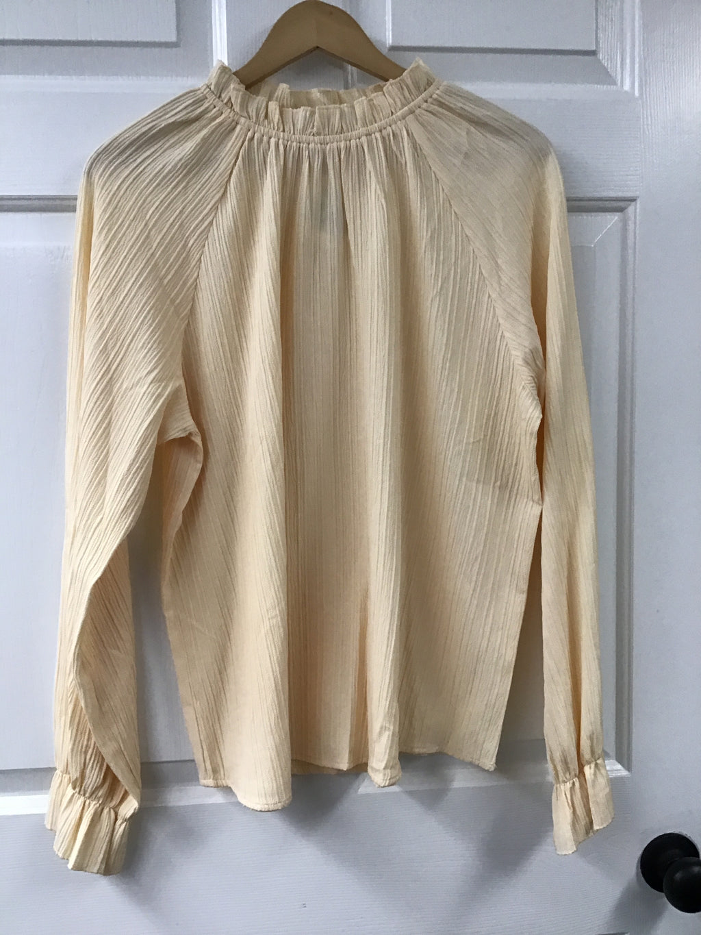 Women’s Crinkle Texture Long Sleeve Blouse – Cream Peasant Top with Elastic Neckline & Puff Sleeves