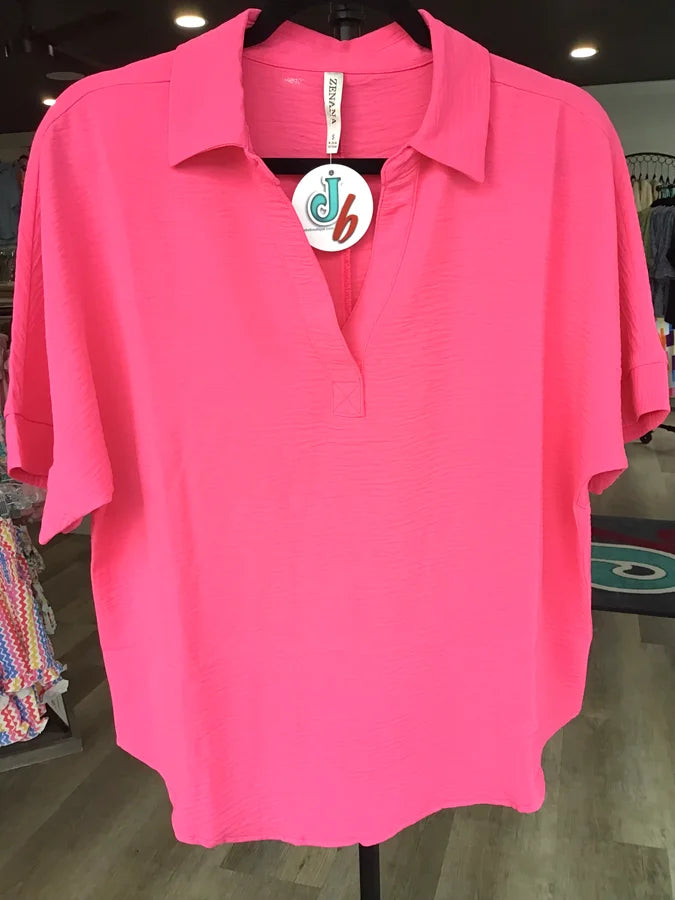 Collared Vneck SS Top Fuchsia