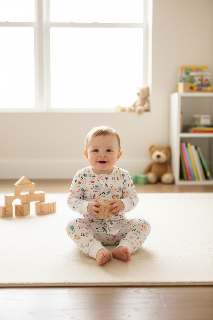 Magnetic Alphabet Print Baby Coverall – “ABC Lover” Educational One-Piece Pajamas with Easy Magnetic Closure