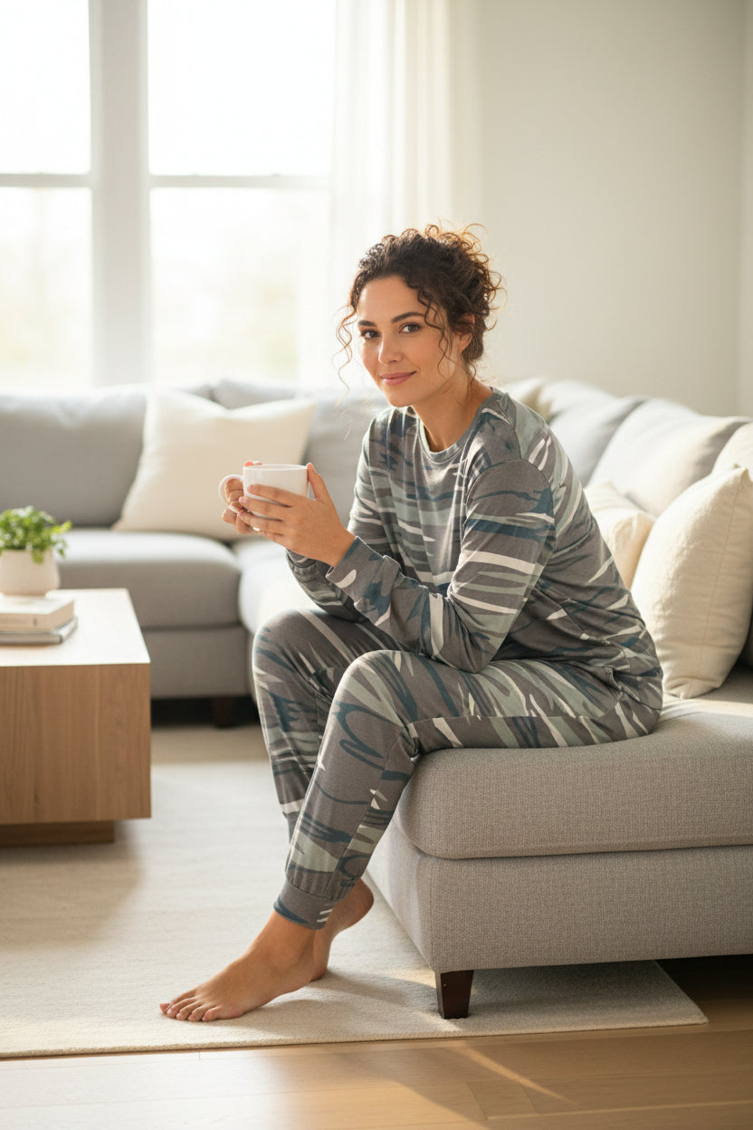Mommy & Me Camo Lounge Jogger Set – Soft Matching Long Sleeve Top & Pants in Blue-Grey Streak Print